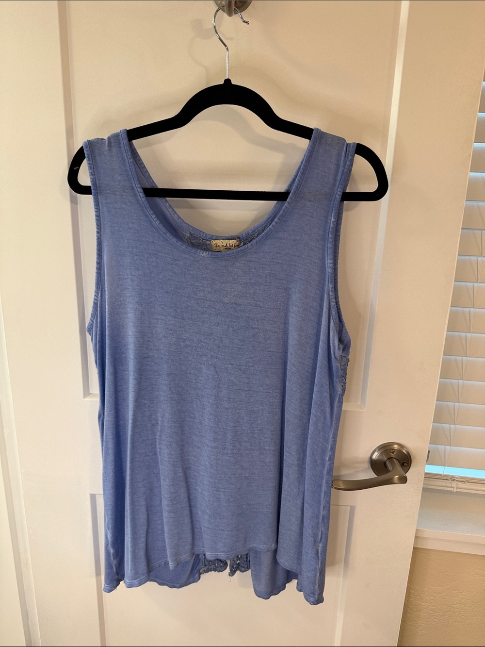 Live and Let Live Periwinkle Blue Scoop Neck Tank Crochet Back Boho Beach Top